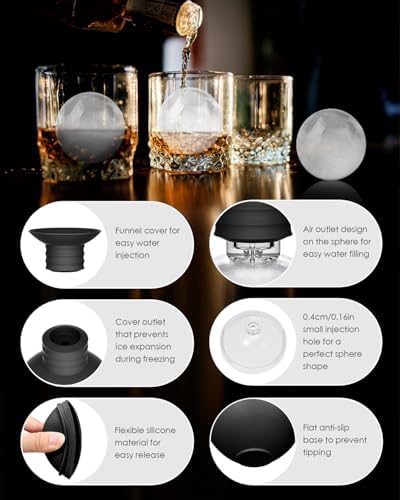 Large Ice Ball Molds for Whiskey & Cocktails with Funnel Lid - Big Sphere Ice Cube Trays for Drinks, Bourbon, and Wine, Silicone Round Ice Maker for Freezer (Set of 4) - Reusable Easy-Release Ice Tray