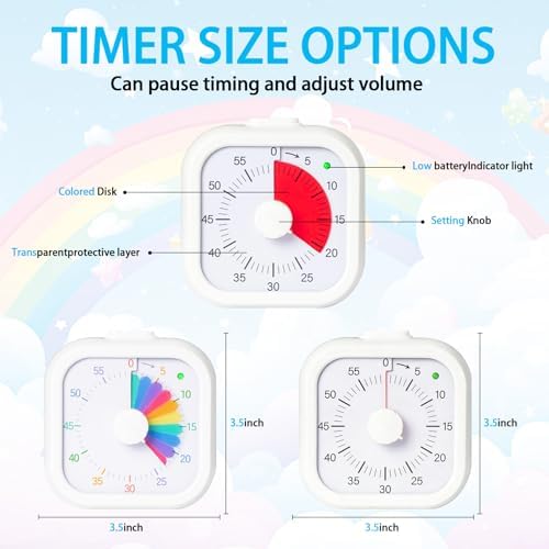 Visual Timer for Kids 60 Minute Countdown Timer Silent Operation for Classroom Study Office Kitchen Kids Timer Teaching (White)