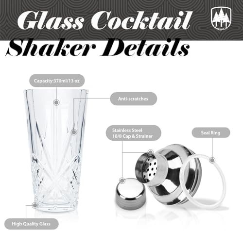 Glass Cocktail Shaker Set with Built-in Strainer - 14 ounces Martini & Margarita Mixer Bartender Tools for Whiskey, Beverages, Coffee, Durable Crystal clear Shaker Cup for Party, Home Bar & Gifts