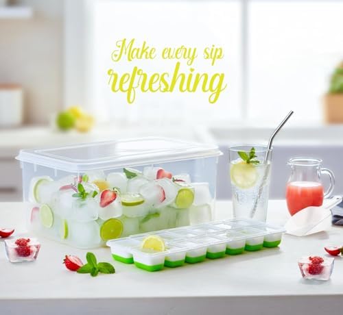 56pcs Ice Cube Tray with Lid and Bin – Stackable 4 Trays Plastic Silicone Freezer Mold, Large Ice Bucket with Scoop, Tong & 2 SS Straws – Easy Release Ice Maker for Cocktail, Coffee, RV, Whiskey
