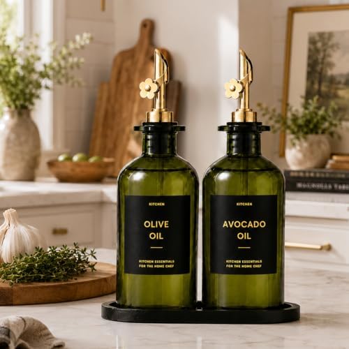 Olive Oil Dispenser for Kitchen, 2-Pack 12oz Glass Bottle with Gold Labels