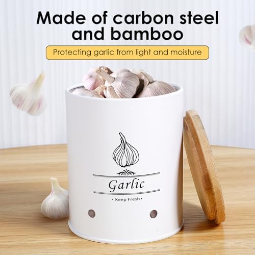 Garlic Keeper, Versatile Garlic Holder, Garlic Jar with Wood Lid, Ventilated Garlic Storage Container, Large Capacity Garlic Container for Kitchens (Style 2)