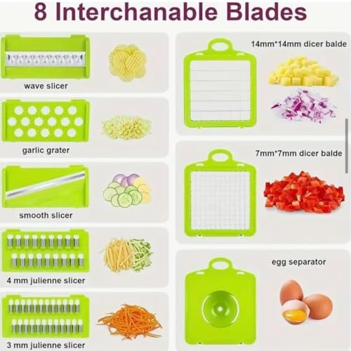 14 in 1 Vegetable Chopper Dicer with Container, Mandoline Slicer, Cheese Grater, Cabbage Shredder, French Fry Cutter, Stainless Steel Manual Hand Kitchen Gadget for Onion Potato Fruit