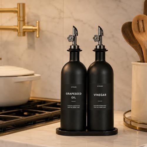 Olive Oil Dispenser for Kitchen, 2-Pack 16oz Black Glass Bottle with Labels