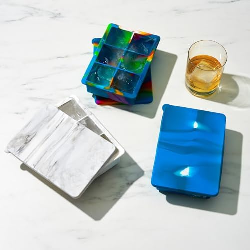 Host Ice Cube Tray with Lid, Makes 6 Large 2" Cubes, Durable Silicone Trays, Perfect for Cocktails, Beverages, Mocktails, Iced Coffee, Tea, Infused Water, Kitchen Essentials, Set of 1, Marble