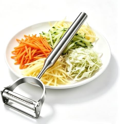 2-in-1 Julienne Peeler, Stainless Steel Multi-Functional Vegetable Peeler, Sharp Blade Cabbage Peeler Carrot Peeler with Non-Slip Extended Handle, Food Grade Kitchen Peeler for Fruit Vegetable Prep