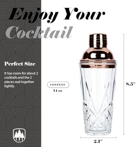 Glass Cocktail Shaker Set with Built-in Strainer - 14 ounces Martini & Margarita Mixer Bartender Tools for Whiskey, Beverages, Coffee, Durable Crystal clear Shaker Cup for Party, Home Bar & Gifts