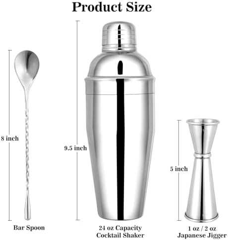 BARsics 24oz Stainless Steel Bar Cocktail Shaker, 1oz/2oz Jigger and 8" Mixing Spoon