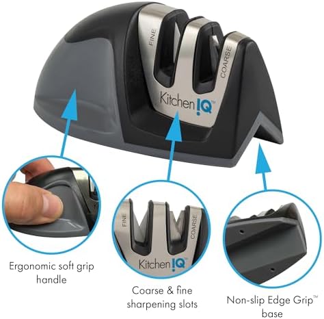 KitchenIQ 50009 Edge Grip 2-Stage Knife Sharpener, Black, Coarse & Fine Sharpeners, Compact for Easy Storage, Stable Non-Slip Base, Soft Grip Rubber Handle, Straight & Serrated Knives