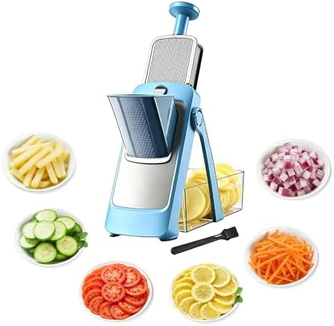 Upgraded Safe Mandoline Slicer for Kitchen, Potato Slicer for Chips, Multi Vegetable Chopper with Drain Basket Storage Container, Thickness Adjustable Versatile Faster Slice Artifact (Blue)