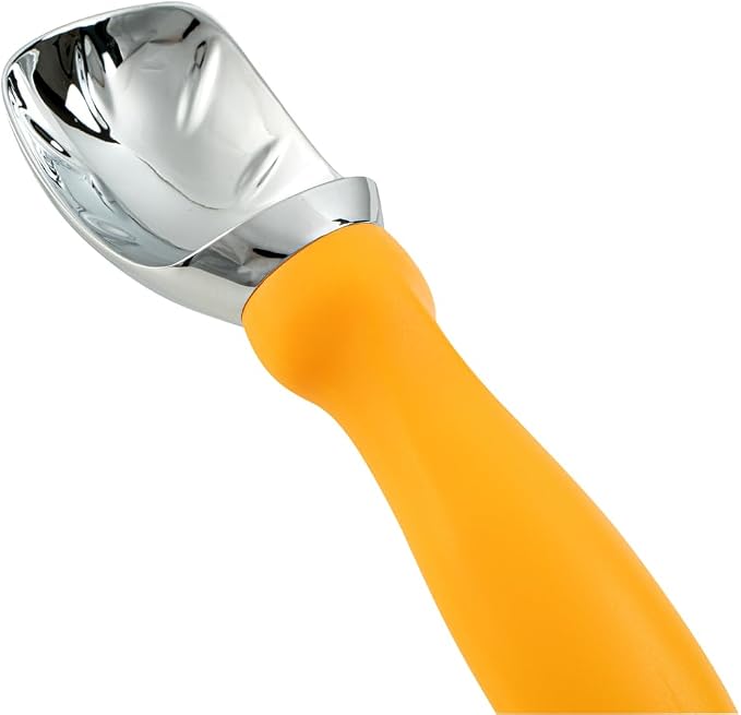 Restaurantware Comfy Grip 7.9 x 2 Inch Kitchen Ice Cream Scoop 1 Heavy-Duty Ice Cream Disher - Ergonomic PP Handle Dishwashable Orange Metal Ice Cream Spade With Lid Opener Notch Multi-Use