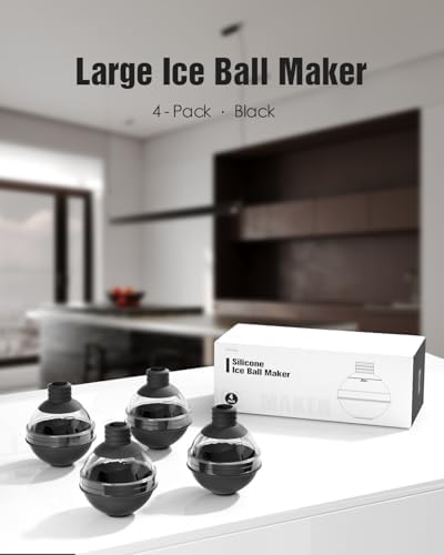 Large Ice Ball Molds for Whiskey & Cocktails with Funnel Lid - Big Sphere Ice Cube Trays for Drinks, Bourbon, and Wine, Silicone Round Ice Maker for Freezer (Set of 4) - Reusable Easy-Release Ice Tray