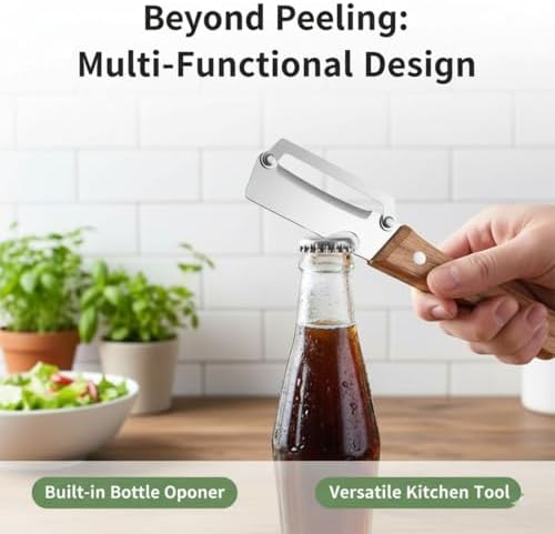 Multi-Functional Vegetable Peeler for Kitchen with Wooden handle & Bottle Opener Design, Premium Stainless Steel Blade Vegetable and Fruit Peeling Tool, Easy peeling & Reduces Waste