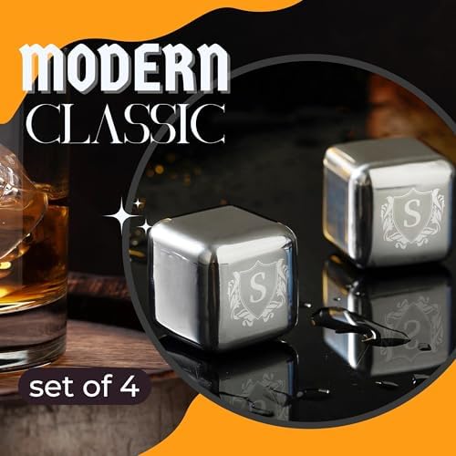 Whiskey Stones Gifts Set with Initial for Men & Women, 4pcs Stainless Steel Whiskey Rocks with Pouch and Tong, Chilling Ice Cubes Initial Gifts for Whiskey Lovers, Dad, Mom, Grandpa, Uncle - D