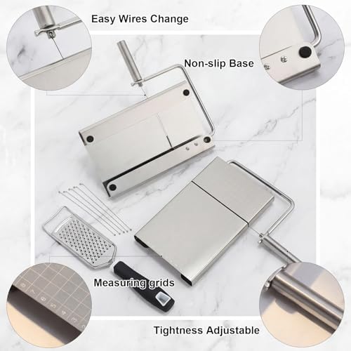 Lothee Replaceable Wire Cheese Slicer with Board and Measuring Grids and Grater Tightness Adjustable Cheese Slicers, Stainless Steel Cutter with 5 Extra Wires, Dishwasher Safe, Kitchen Gadget
