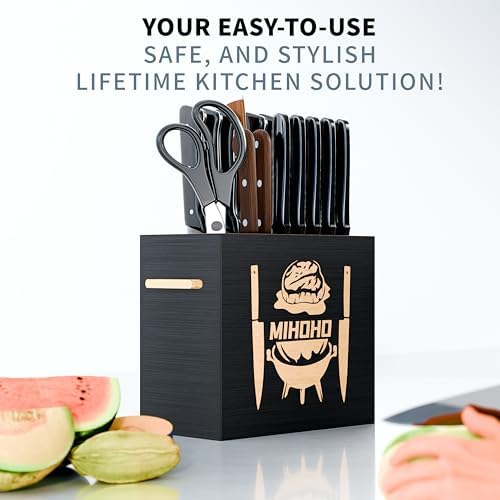 Wood Universal Knife Block with Slots, Wood Knife Holder/Knife Organizer, Unique Knife Storage for Counter Top with Anti-Slip Base (Black D)