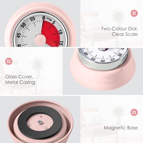 Visual Timer, Teeloray 60-Minute Countdown Timer with Magnetic Base (Pink)