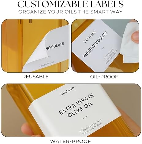 Premium Glass Olive Oil Dispenser Bottle 350ml | Cooking Oil and Vinegar Dispenser | Oil Dispenser for Kitchen with Gold Pourers, Funnel, Brush & 36 Labels (4 Pack)