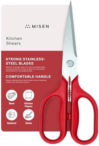 Misen Heavy Duty Kitchen Shears - Stainless Steel, Versatile and Easy Clean Scissors for Meat, Herbs and Veggies - Ambidextrous Comfort Handle - Professional Grade - Red