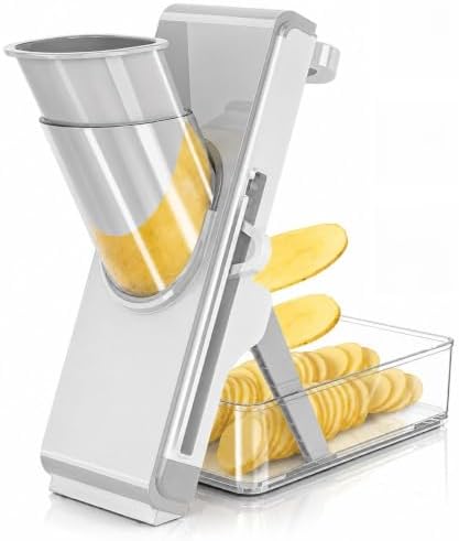 Safe Mandoline Slicer for Kitchen, Vegetable Slicer with Container, French Fry Cutter, All in 1 Julienne Slicer for Potato, Thickness Adjustable, Detachable Blade (Gray)