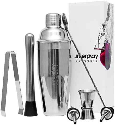 Interplay Concepts Cocktail Shaker Set, 8Pcs Stainless Steel Barware-Tool, Includes Jigger, Bar Spoon, Bottle Pourers, Tong, Strainer, 750ml Boston Shaker
