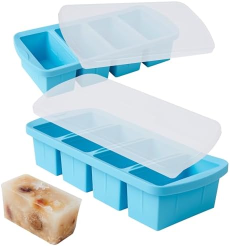 Silicone Freezer Tray with Lid 2 Pack Silicone Freezer Molds - Large Ice Cube Tray - Makes 8 Perfect 1 Cup Portions Soup Cubes Meal Prep Containers- Oven & Dishwasher Safe