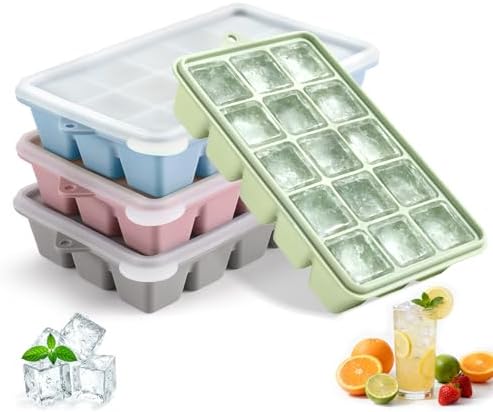 4-Pack Silicone Ice Cube Trays with Lid, Easy Release Ice Cube Molds, Reusable and Stackable Ice Trays for Freezer for Cocktail, Whiskey, Baby Food, BPA Free (Multicolour)