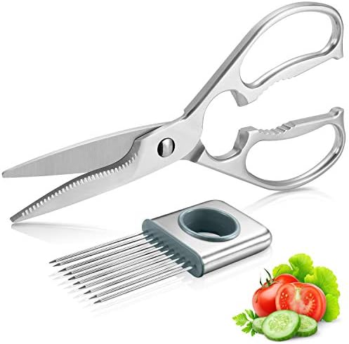 Multipurpose Kitchen Shears by WELLSTAR, Come Apart Heavy Duty German Stainless Steel Food Scissors for Cutting Meat Poultry Chicken Vegetable, Plus Handy Onion Slicing Holder, Gift Box Pack