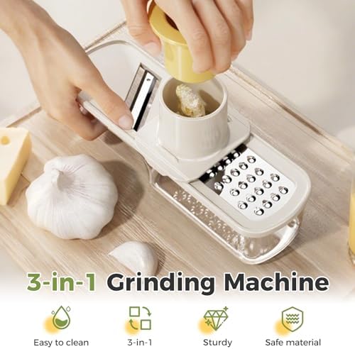 Manual Garlic Mincer, 3 in 1 Clear Manual Garlic and Garlic Slicer, Multi-Functional Garlic Press with Container Compact Garlic Mincer Tool, Ginger, Herbs Kitchen Gadget (White)