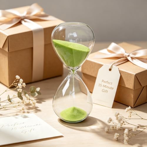 Hourglass, HoveBeaty Green Sand Timer, 15 Minute Hand-Blown Glass