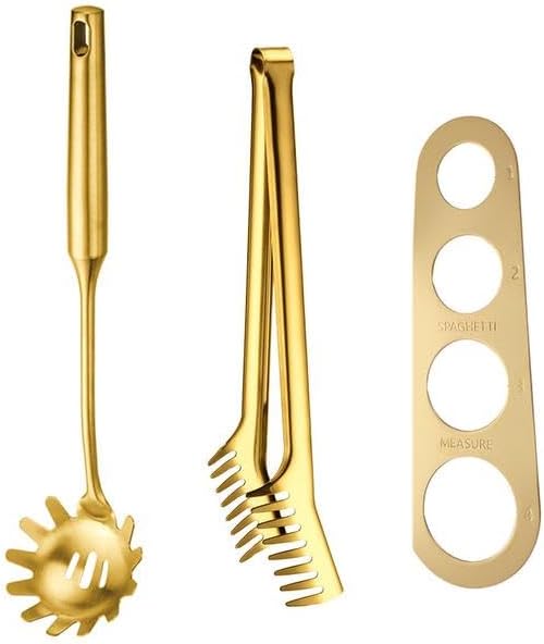 Spaghetti Spoon Pasta Fork Server Stainless Steel 9 Inches Noddle Tong Spaghetti Measurer Scale Tool Set - Gold