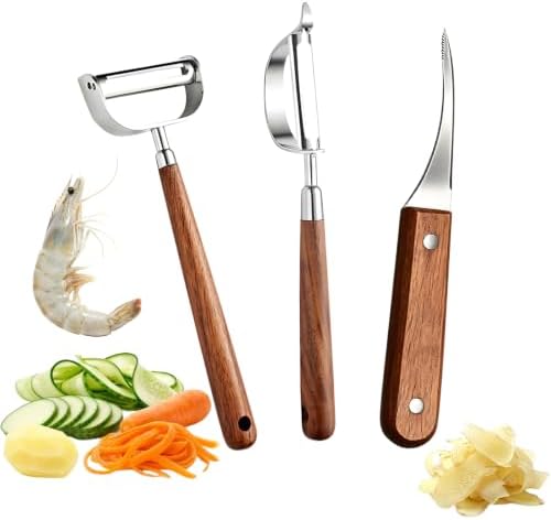 Multifunctional Vegetable Peeler for Kitchen, with Straight & Y Peeler & Shrimp Deveiner, Stainless Steel Blade with Wooden Handle, for Vegetable Fruit Carrots Potato Cucumbers