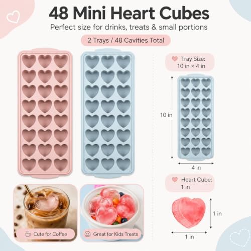 2 Pack Heart Shpaed Ice Cube Trays with Lids and Bins Ice Molds with Ice Storage Box, 48 Holes Silicone Heart Ice Cube Tray for Whiskey Cocktail Fun Shapes Cubes, with Lids & Bins