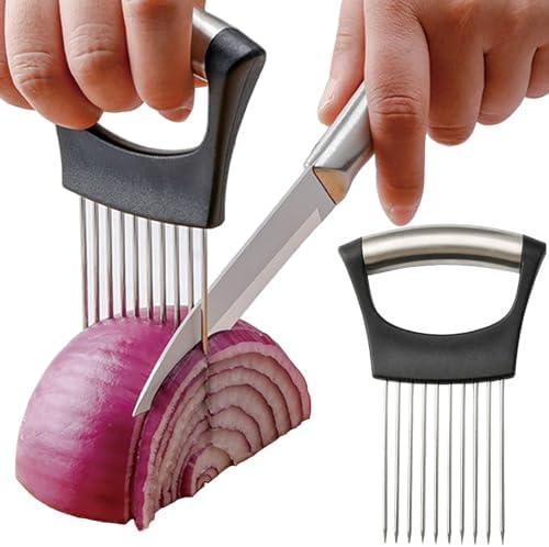 Onion Holder for Slicing, Stainless Steel Lemon Slicer Vegetable Cutter Onion Slicer Holder, Kitchen Chopper Slicing Assistant Tool for Potato Tomato Cucumber Avocados Fruits Eggs Meat