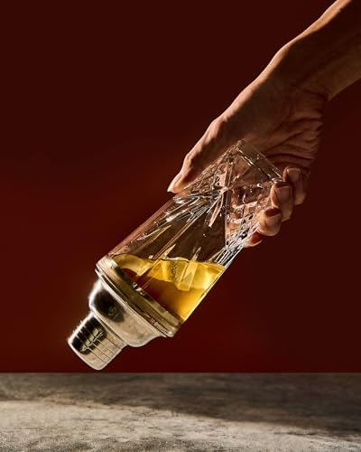Glass Cocktail Shaker, 15oz Cutting Design - Exquisite Martini Shaker for Elevated Mixology. Perfect for Christmas, Hoiday, BBQ,Outdoor Party,Spring, Summer (Drink Shaker & Gold Pourer)