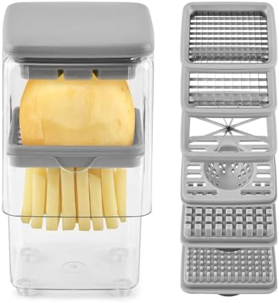 4-in-1 French Fry Cutter, Manual Veggie Chopper Potato Cutter Fruit Slicer with 3 Blades & 1 Juicing Mold, Multi-Function Fry Cutter Dicer Food Dicer for Fries Potato Onion(COLOR:Grey)
