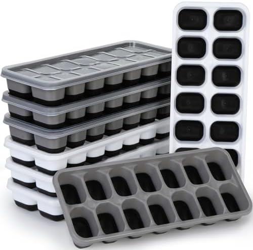 Silicone Ice Cube Tray, 8 Pack Easy-Release & Flexible 14-Ice Cube Trays with Spill-Resistant Removable Lid, Stackable Ice Trays with Covers for Freezer, Cocktail (4 Black+ 4 Grey)