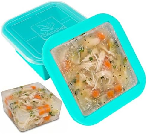 Silicone Freezer Tray with Lid 2 Pack Silicone Freezer Molds Ice Cube Tray Makes 2 Perfect 2 Cup Portions Soup Cubes Meal Prep Containers- Oven & Dishwasher Safe