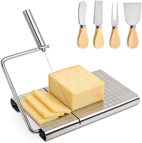 RedCall Cheese Slicer with 4 Piece Cheese Knives Set, Stainless Steel Cheese Cutter with Measuring Grids,Tightness Adjustable Wire Cheese Slicer for Block Cheese, with 5 Extra Wires