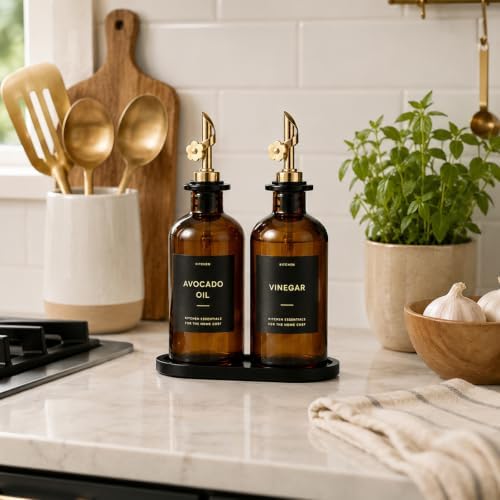 Olive Oil Dispenser for Kitchen, 2-Pack 12oz Glass Bottle with Gold Labels