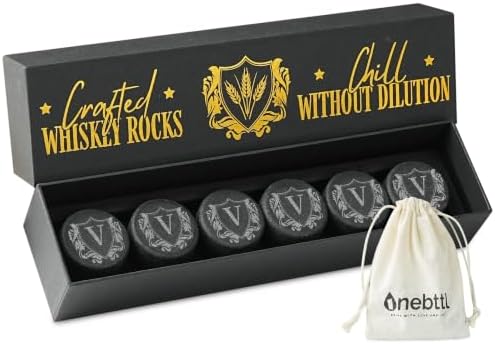 Onebttl Whiskey Gifts for Men, Whiskey Rocks with Initials Set of 6, Bourbon Chilling Stones for Whisky Lovers with Gift Box for Christmas, Father's Day, Retirement, V