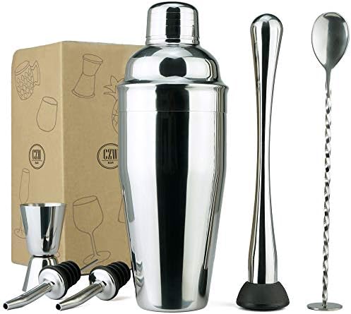 PG Professional Bartender Kit - 6PC Premium Cocktail Stainless Steel Shaker Set - 24oz Martini Shaker Gloss Finish, with Muddler, Stirring Spoon, 2X Wine Pourer, and Double Jigger