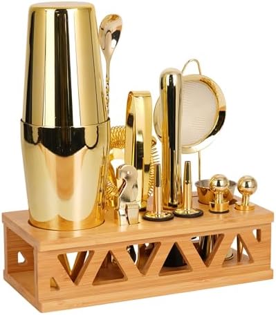Cocktail Shaker Set, Boston Shaker Bartender Kit with Bamboo Stand,13 Piece Bar Set Stainless Steel Bar Accessories for Drink Mixing, Bar, Home, Party (Gold)