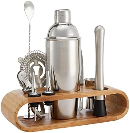 Amazon Basics 10-Piece Stainless Steel Cocktail Shaker Bar Tool Set with Bamboo Stand Holder, Home Bar Drink Mixing Accessories, Housewarming Gift