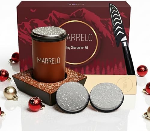 6 Piece Rolling Knife Sharpener Kit with Kitchen Knife - Magnetic Roller Sharpener with 4 Angle Base, 2 extra Diamond Discs and Dual Sided Leather Strop for Razor Sharp Knives
