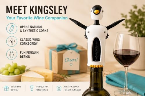 True Zoo Kingsley the Penguin Corkscrew Wine Opener, Winged Design with Easy Grip Soft Touch Wings, Stainless Steel and Plastic with Sharp Screw for Wine Bottles, Home Bar, Kitchen, Novelty Gifts