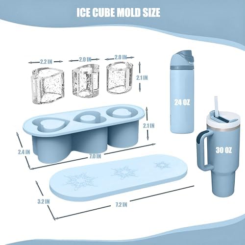 Ice Cube Trays for Stanley Cup 20 30 40 OZ Tumbler Ice Mold Heart Shape Silicone Ice Cube Tray with Lid, Stanley Ice Mold and Maker Ice Cube for Cocktails, Whisky, Juice (20-30 OZ, Blue)