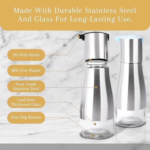2LB Depot Oil and Vinegar Dispenser Set - Brushed Steel & Glass Containers with Anti-Drip Spout Lid - Easy-Clean - Olive Oil Dispenser Bottle - Minimalist Kitchen Accessory - 7.1"H x 2.7"L x 2.7"W