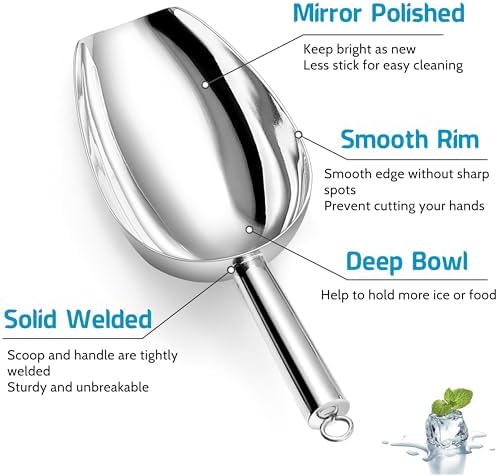 P&P CHEF Ice Scoop Set of 3, Stainless Steel Food Scoop,3+6+8 Oz & Silver