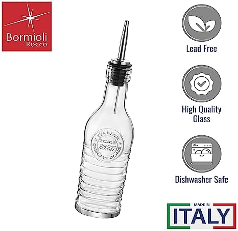 BORMIOLI ROCCO Officina 1825 Olive Oil/Vinegar Glass Bottles Stainless Steel Pouring Spout 268 ml (Pack of 2)